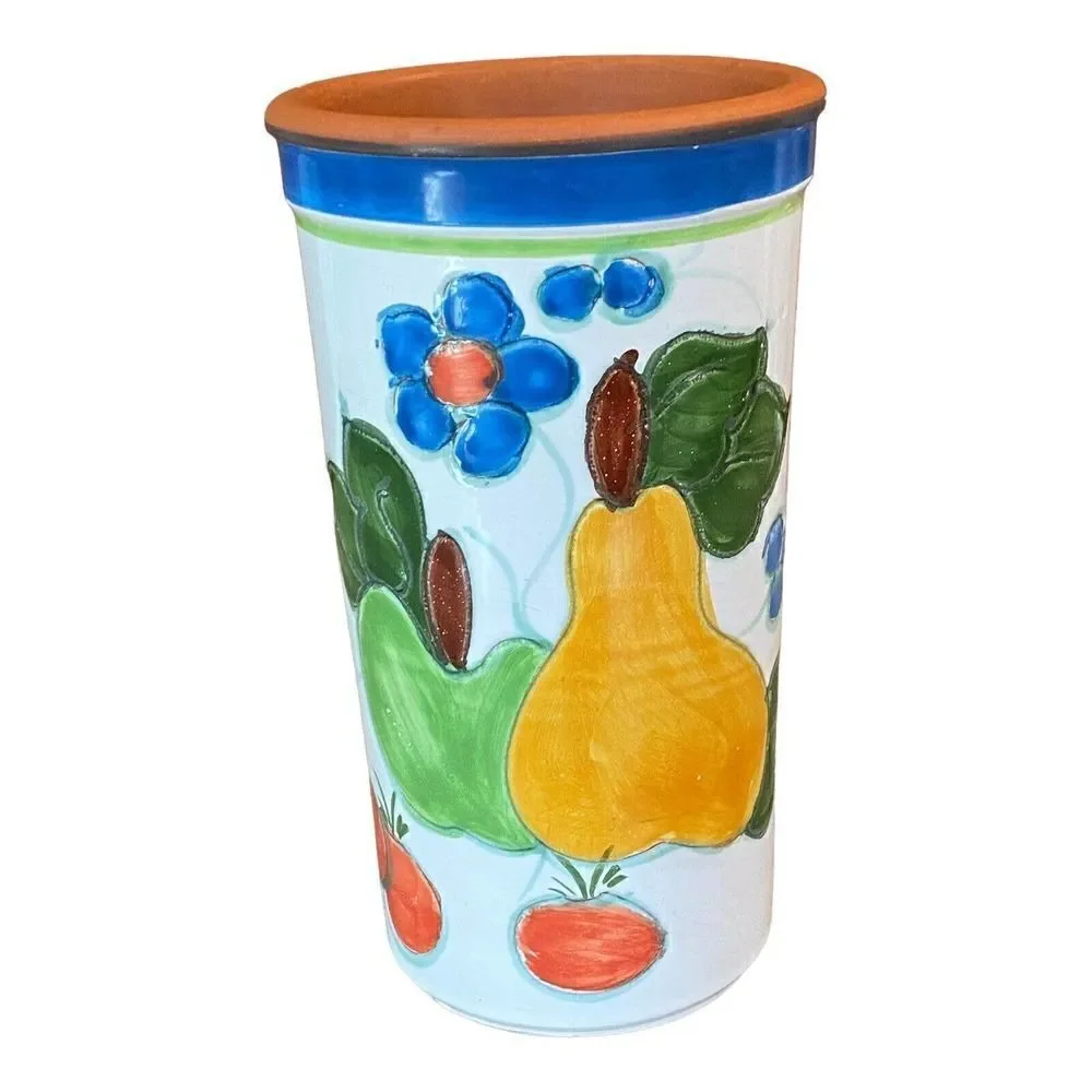 Vtg Italy Utensil Holder Wine Cooler Hand Painted Terracotta Floral Fruit 9.25